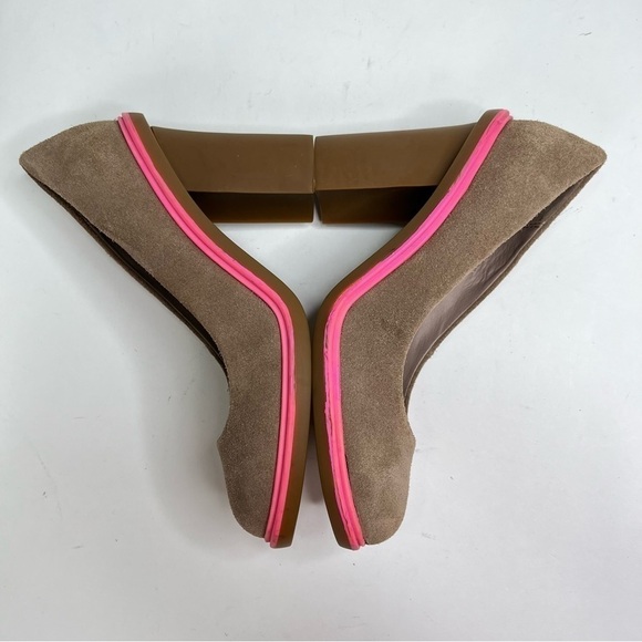 NEW UNITED Nude Tan Suede Barbie Pink Trim Stacked Heel Spring Base Pumps Heels - Picture 5 of 12